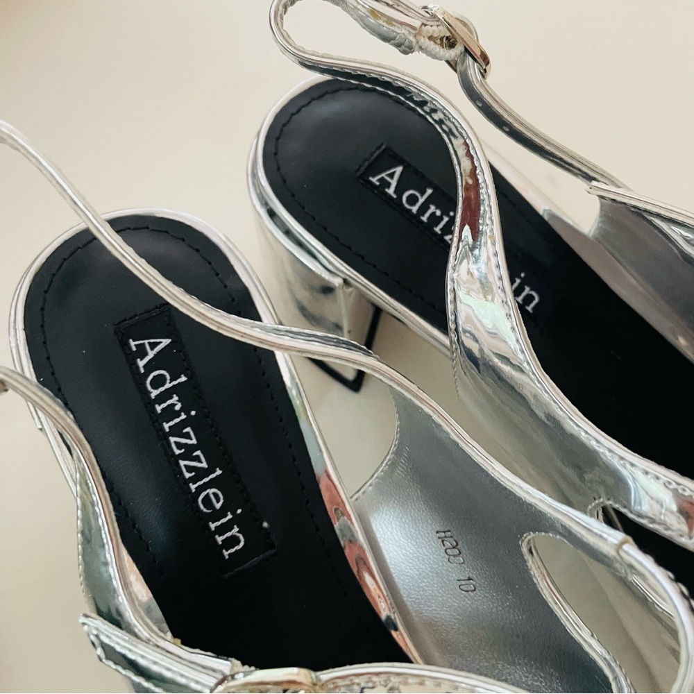 ADRIZZLEIN Silver Double Strap Sling Back Mary Janes - Picture 3 of 9